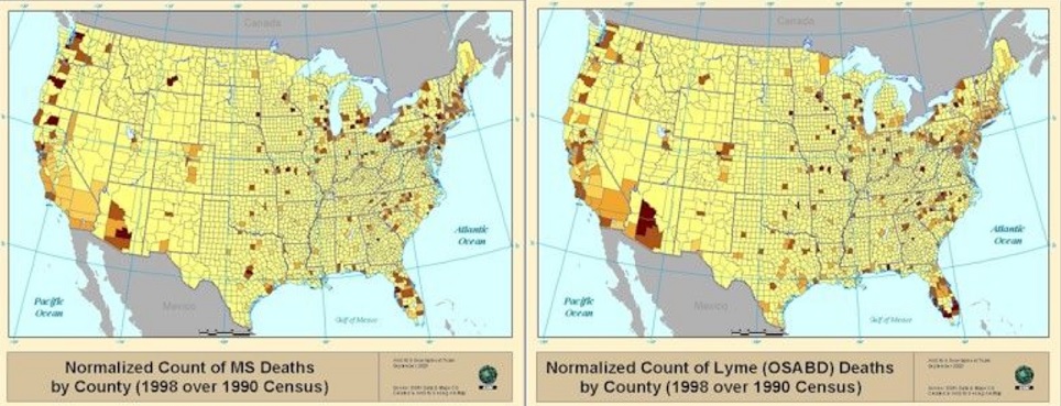Todesfälle an MS und Borreliose je USA County